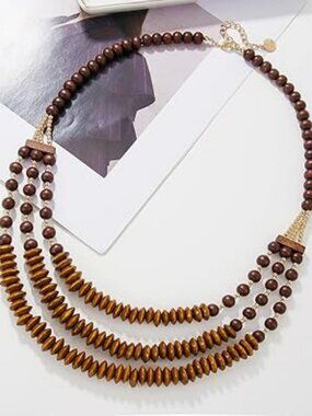Boho Wood 3 Layer Necklace Bohemian Vibe Statement Chunky